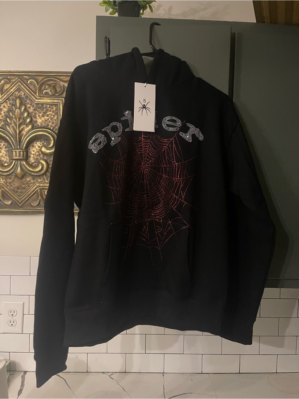 Spider Rhinestone Web Black Pullover Hoodie